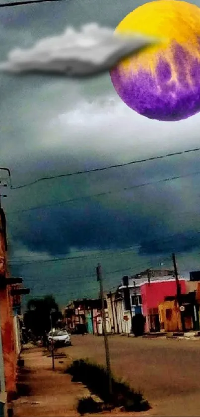 Surreal scene of a colorful moon over an urban street.