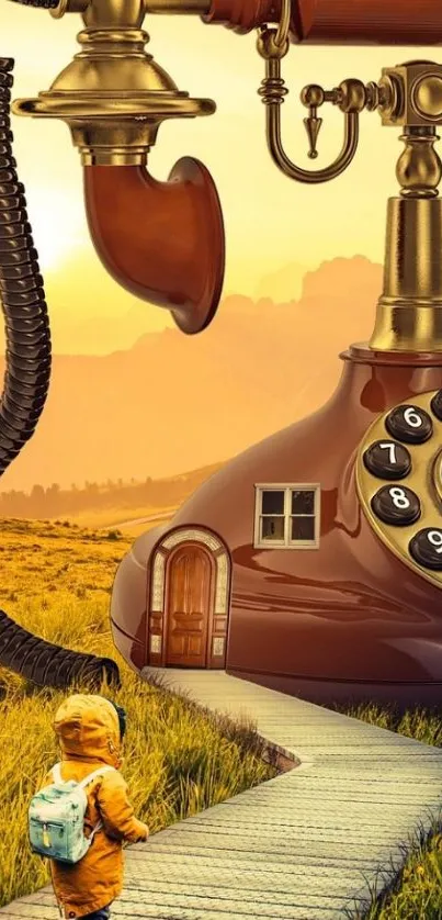 A child approaches a giant, surreal vintage telephone in a golden landscape.