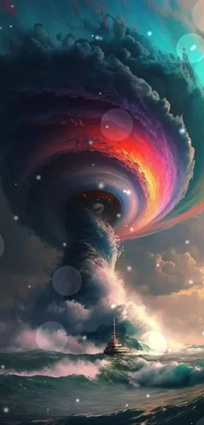 Surreal vortex over ocean with vibrant colors in a dramatic sky.