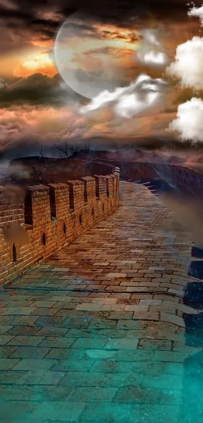 Surreal pathway by ancient wall under mystical sky with clouds and moon.