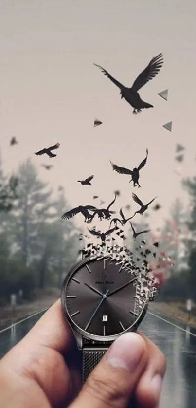 Watch turning into birds on misty road wallpaper.