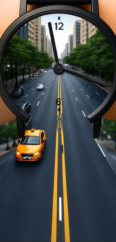 Watch face melds with a busy urban road featuring cars.