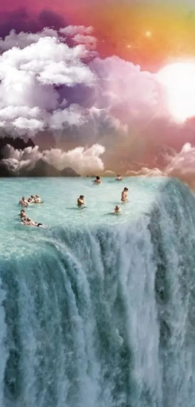 People on a surreal waterfall with clouds and sunset.