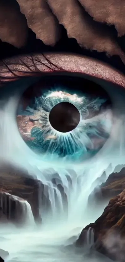 Surrealistic eye with flowing waterfall art design for mobile wallpaper.