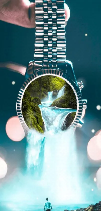 Surreal watch with waterfall design on a mobile wallpaper.