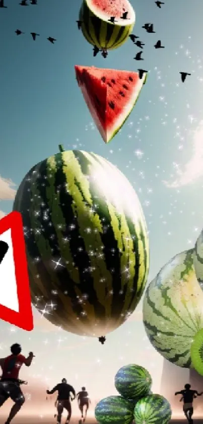 Surreal landscape of floating watermelons in the sky with joggers below.