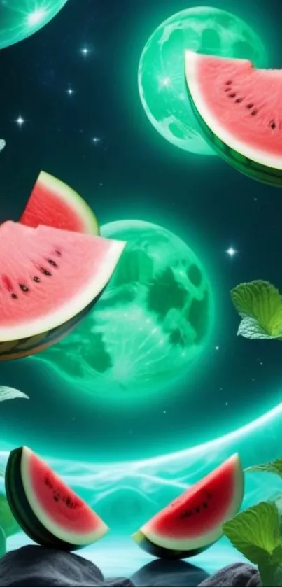 Surreal watermelon slices floating in a cosmic galaxy setting.