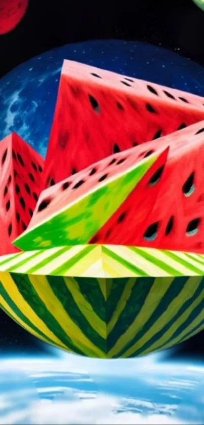 Surreal artwork of a watermelon planet floating in space.