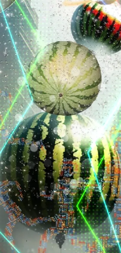 Surreal wallpaper featuring watermelons floating as planets with cosmic elements.