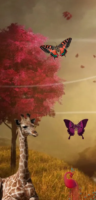 Surreal wallpaper featuring a giraffe, butterflies, and red tree.