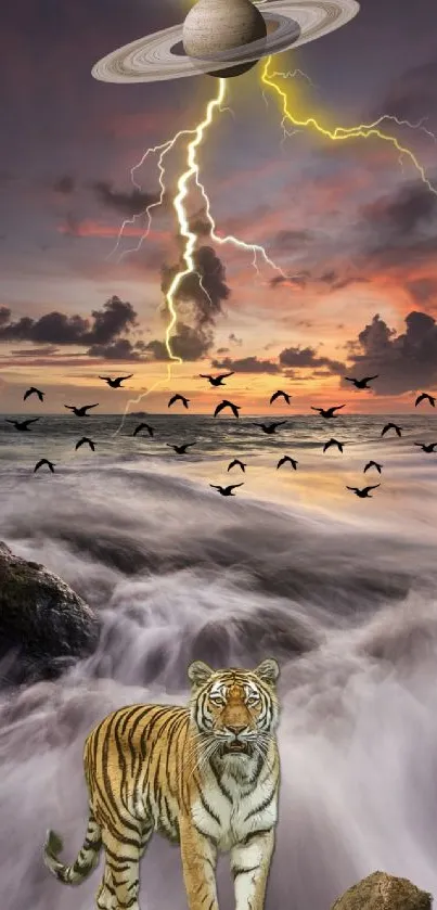 Surreal wallpaper with tiger, lightning, and Saturn over an ocean landscape.