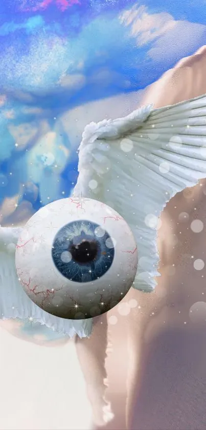 Surreal winged eyeball against a pastel blue sky.