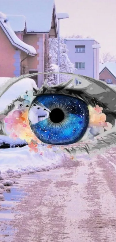 Surreal winter eye with cosmic colors in snowy landscape.