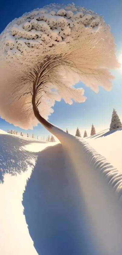 Surreal snow landscape with a dynamic winter tree under a bright blue sky.