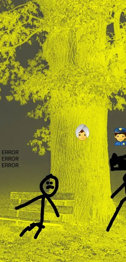 Surreal yellow tree scene with stick figures and emojis on a mobile wallpaper.