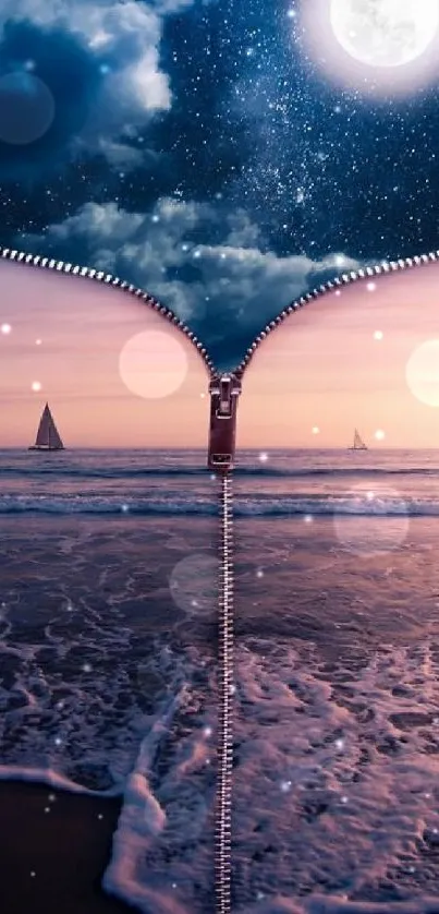 Surreal zipper opening to a night ocean under a starry sky with moonlight.