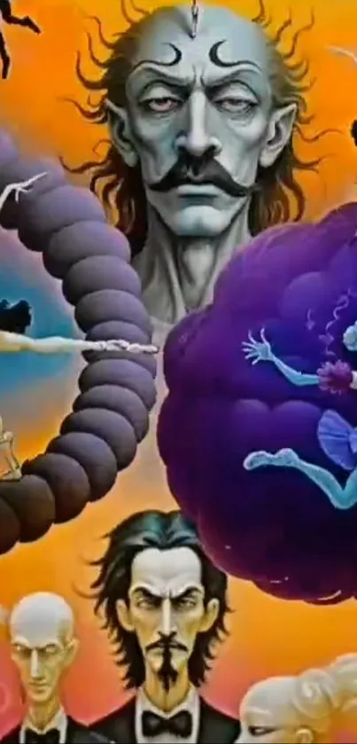A surrealist artwork featuring colorful dancers and abstract elements.