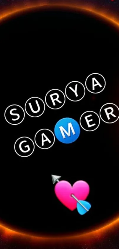 Gaming-themed wallpaper with hearts and 'Surya Gamer' text.