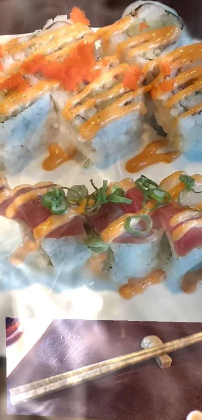 Colorful sushi rolls with spicy mayo and greens on a white plate.