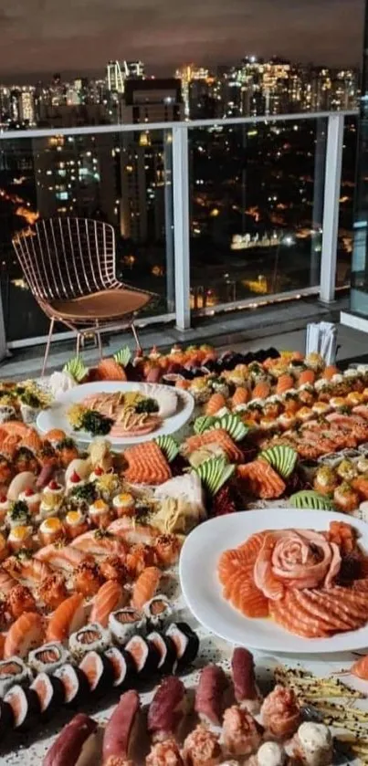 Lavish sushi spread with a city skyline background at night.