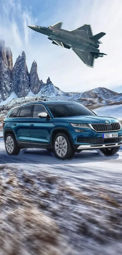 Blue SUV drives in snowy landscape with jet overhead, set against mountains.