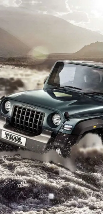 SUV navigating river in rocky terrain under cloudy sky.