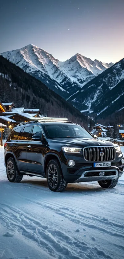 Luxury SUV parked in snowy mountain landscape at sunset.