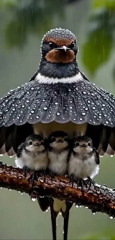 Swallow bird covers chicks from rain on branch.