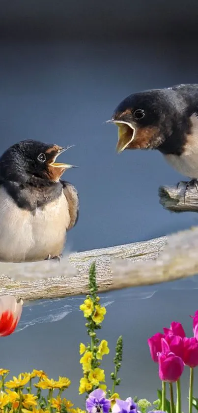 Two swallows perched on a branch with a soft blue-gray background.