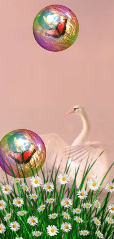 Swan with bubbles and daisies on a peach background.