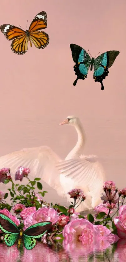 Swan with vibrant butterflies and pink roses in wallpaper.