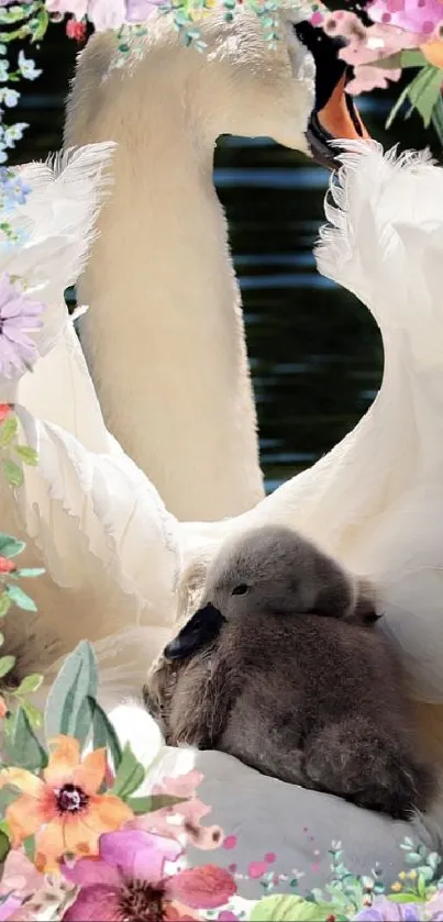 Swan with cygnets surrounded by vibrant flowers in a serene setting.