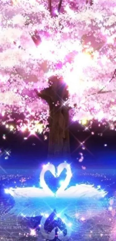 Glowing swan under a sakura tree in an ethereal landscape.