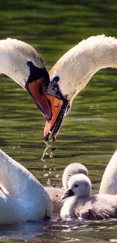 Swans form a heart shape around a baby swan on a serene lake.