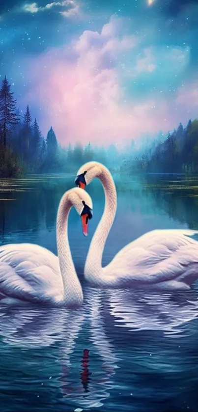 Swan couple on a mystical lake under a starry sky.