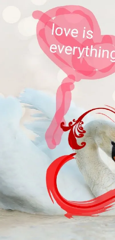 Swan with a red heart and 'Love is Everything' text on a soft background.