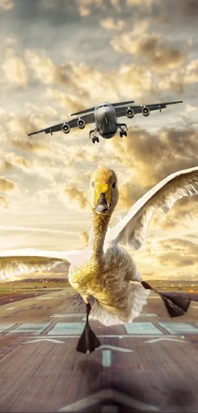 A swan on a runway with a plane flying above in a surreal scene.