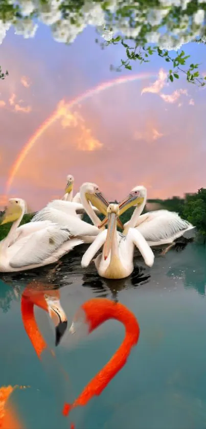 Swans on water with rainbow and vibrant sunset.