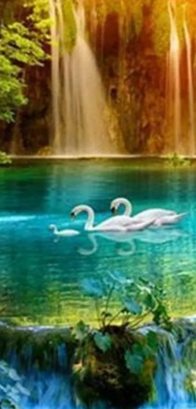 Swans glide on a turquoise lake with cascading waterfalls and greenery.