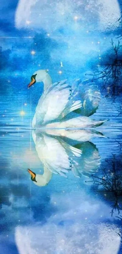 Elegant swan gliding on moonlit lake with blue mystical background.