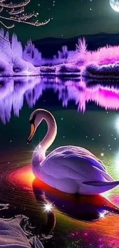 Swan on a colorful, moonlit lake with vibrant purple and orange hues.