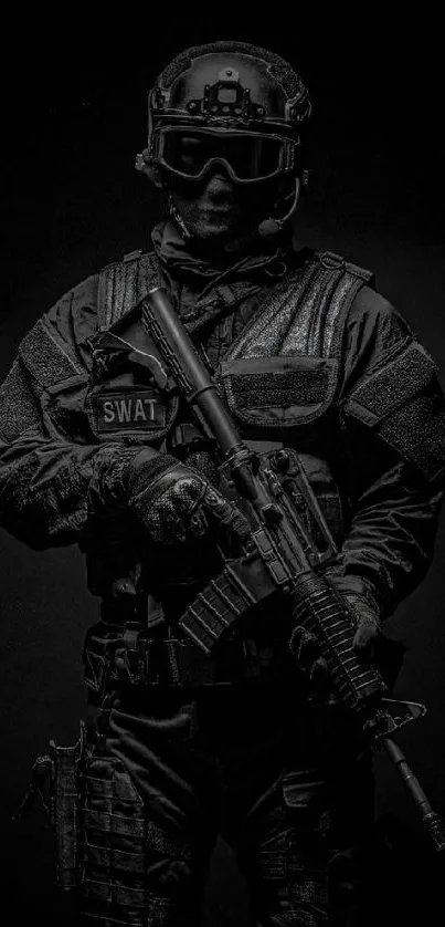 SWAT operator in dark tactical gear mobile wallpaper.