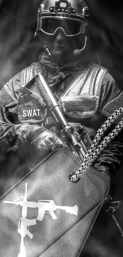 Black and white SWAT soldier holding tactical gear, shrouded in smoke.