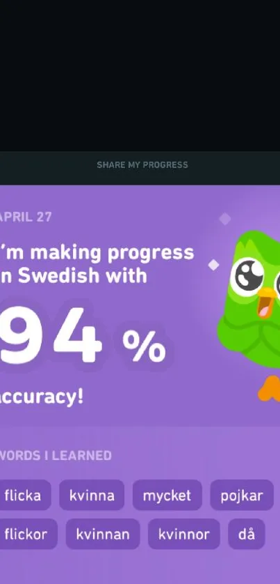 Swedish language progress with Duolingo owl, 94% accuracy badge.