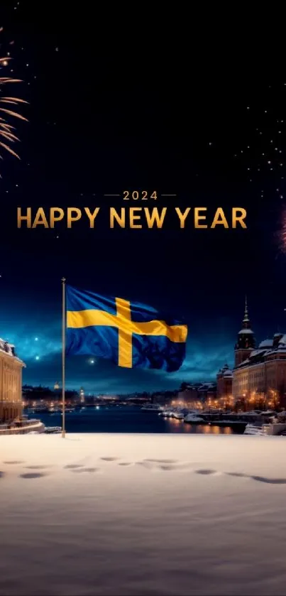 Swedish flag and fireworks New Year 2024 wallpaper.