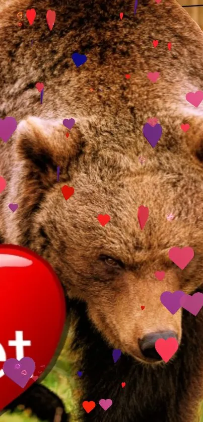 Brown bear with a red heart labeled 'sweet' on a grassy field background.
