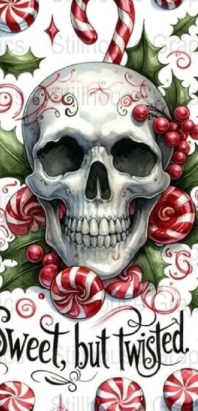 Skull with candies wallpaper, text 'Sweet but Twisted'.