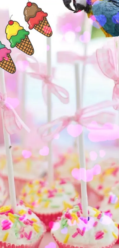 Colorful cake pops and ice cream cones with a parrot in the corner.