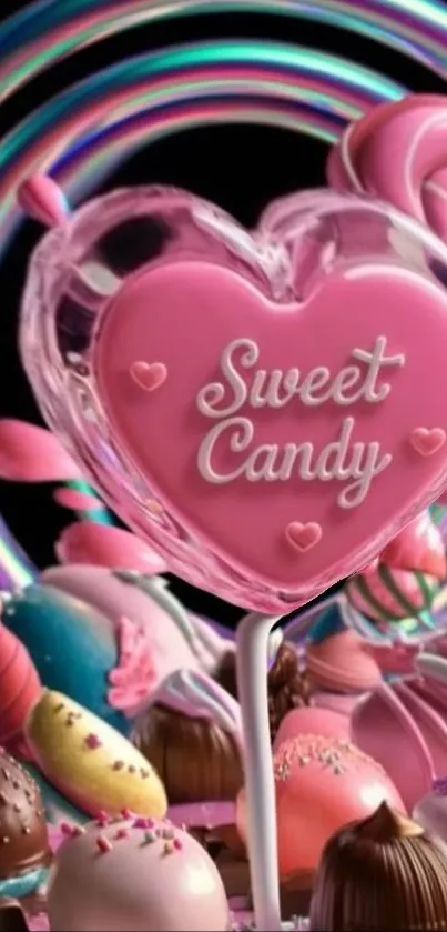 Pink candy heart with vibrant sweets background.