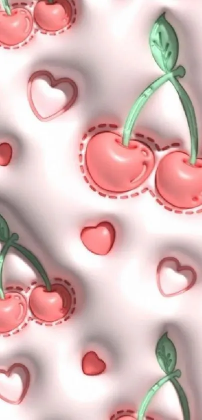 Cherry and heart themed wallpaper in pink tones.